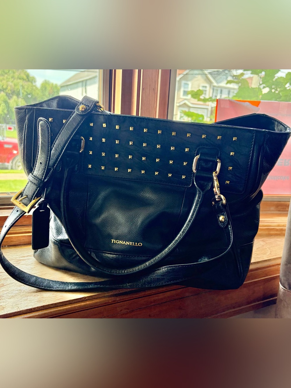 Tignanello Black Leather Studded Shoulder Bag